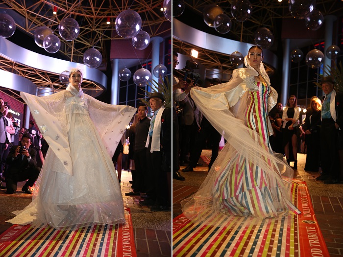 제87회 아카데미 시상식의 사전행사로 마련된 한복 패션쇼에서 다양한 여성 한복 드레스가 소개됐다. 