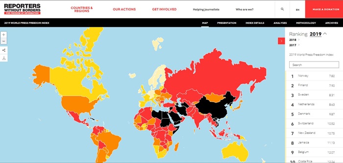 ２０１９年の報道自由度ランキングを示す地図＝国境なき記者団サイトキャプチャー