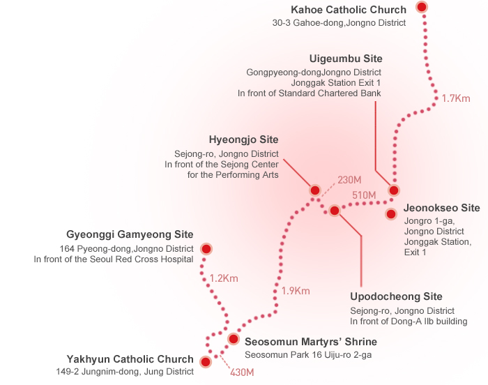 '서울 성지의 두 번째 순례길인 생명의 길' 지도 
