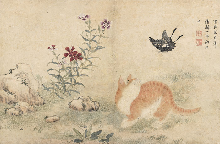 김홍도 ‘황묘농접’ 누런 고양이가 나비를 놀리는 모습을 표현했다. (간송문화재단 제공)