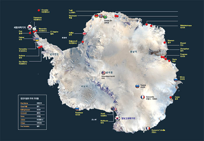張保皐科学基地は南極ビクトリアランドのテラノバ湾沿岸に位置する。冬季には16名、夏季には60名の研究員が16棟の建物、施設・装置24ヶ所で働いている 