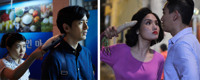 映画『あやしい彼女』で若さを取り戻したおばあさんが放送局のプロデューサに出会う場面。原作では魚で脅かしたが、ベトナムのリメイク作では大根に変わった
