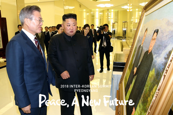 歓迎晩餐会の前、北側から贈られた油絵を見る文在寅大統領＝１８日、北朝鮮・平壌