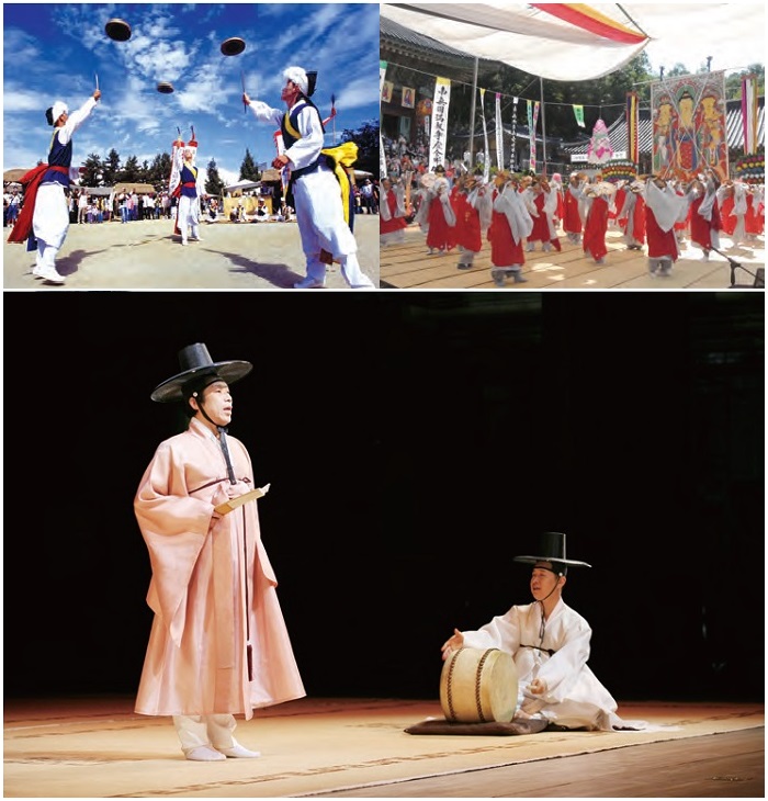 <B>1. Falconry</b> It was once a serious activity conducted to gain food but now an outdoor sport seeking a unity with nature. <B>2. Namsadang Nori</b> Performance presented by a traveling troupe of about 40 performers led by a percussionist called Kkokdusoe. <B>3. Yeongsanjae</b> A Buddhist memorial ritual performed on the 49th day after one’s death to guide the spirit to the pure land of bliss. <B>4. Pansori</b> Performance of a solo artist assisted by a drummer where singing is combined with dramatic narratives and gestures to present a long, epic story (National Center for Korean Traditional Performing Arts). 