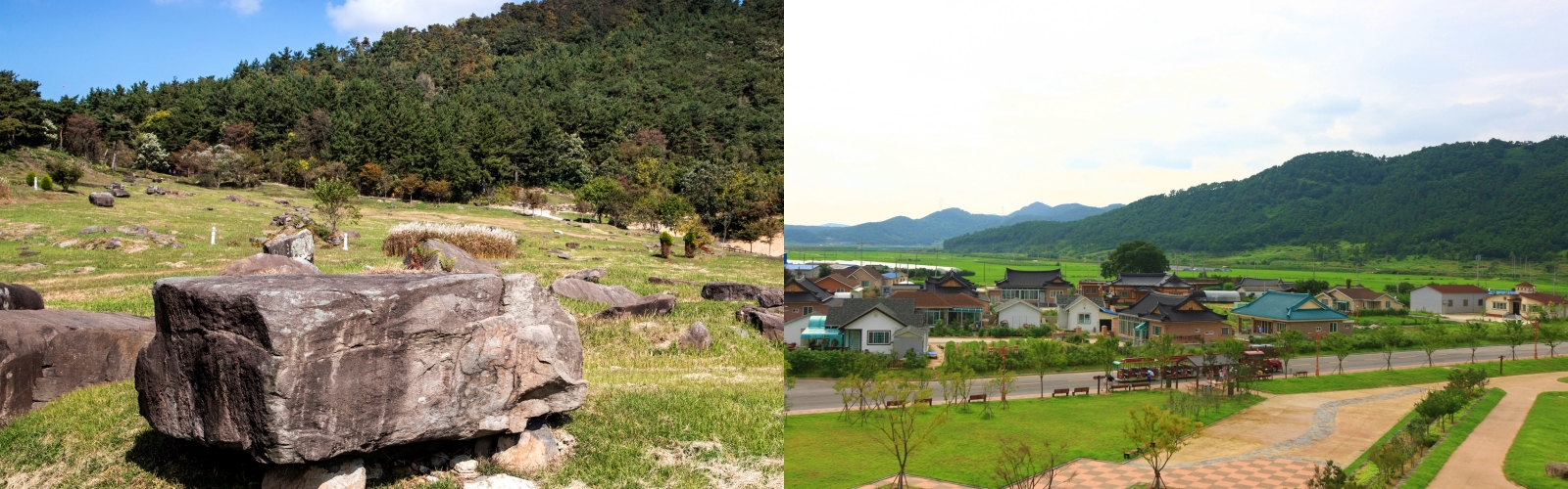 ユネスコの世界文化遺産に登録されている全羅北道・高敞郡の支石墓遺跡（左）と雲谷湿地村（右）＝韓国観光公社