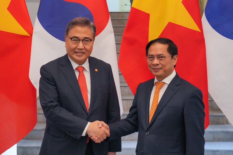 握手する朴振外交部長官（左）とベトナムのブイ・タイン・ソン外務大臣＝１８日、ベトナム・ハノイ