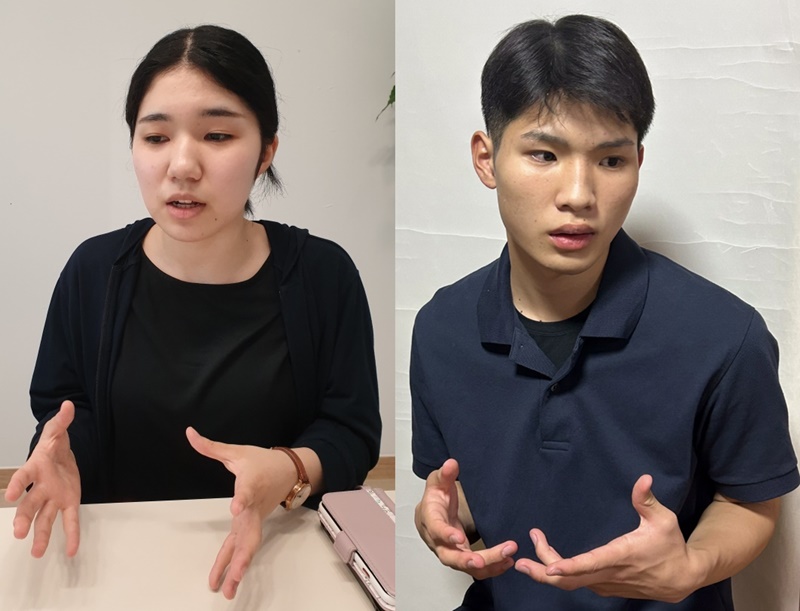 （左から）高比良あかりさんと大濵広海さん。先月２５日、忠清南道・天安市にある「記憶と平和のための1923歴史館」で開かれた朗読劇「約束は今も」の舞台に上がる前に行ったコリアネットとのインタビューで、高比良さんは「人類の平和に関心がある」と話した。大濵さんはこの作品への参加に対し、「戸惑いは全くなかった」と話した。