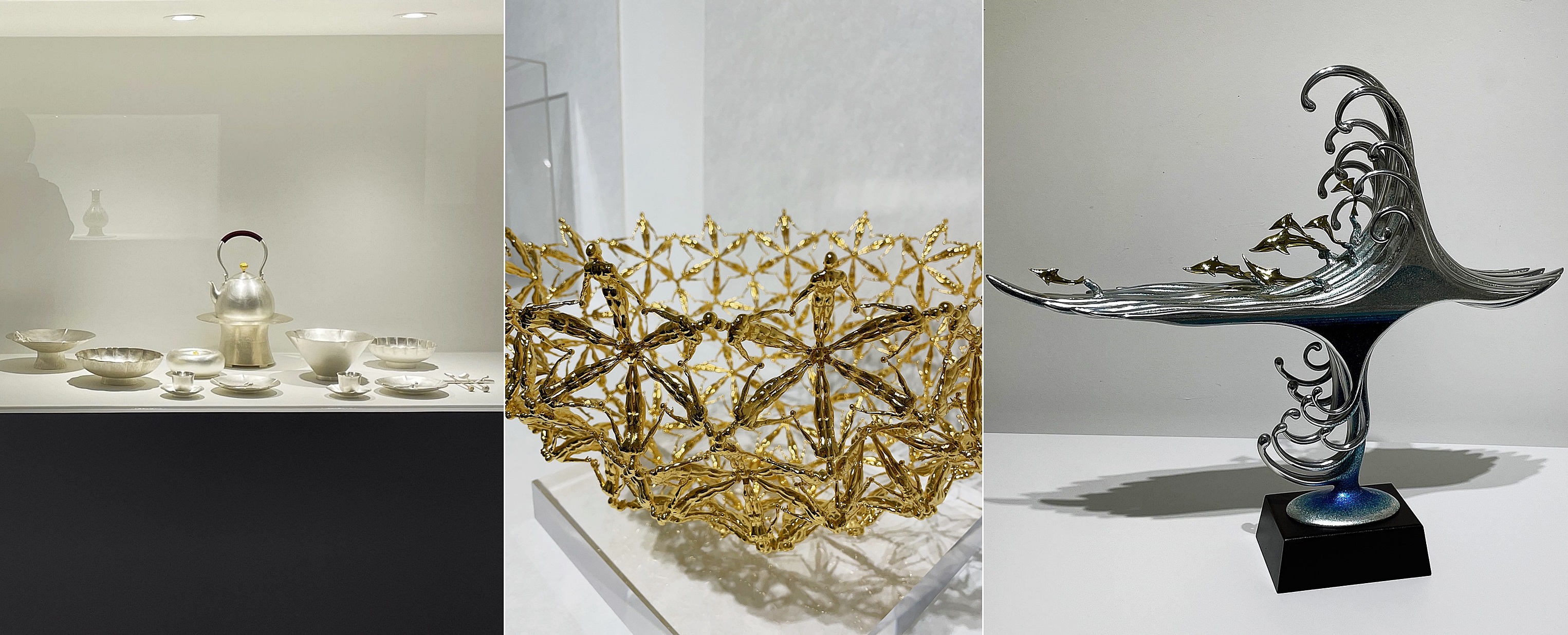 （左から）韓国のイ・サンヒョプ、中国のワン・シャヨシン、日本の宮田亮平の金属工芸作品＝ソ・エヨン撮影