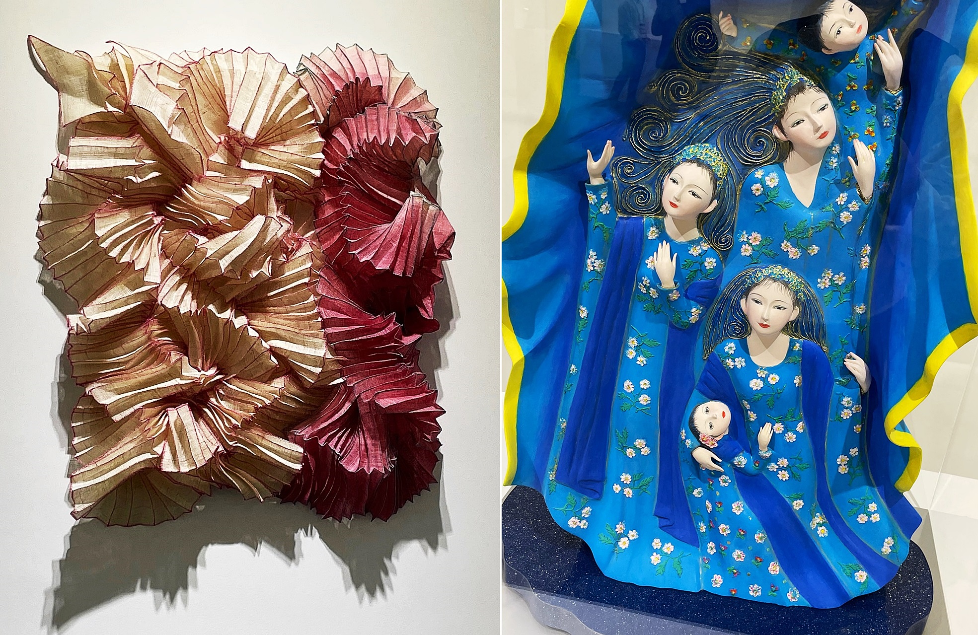 韓国のチョ・ハンナ作家の繊維工芸作品（左）、日本の奥田小由女作家の作品＝ソ・エヨン撮影