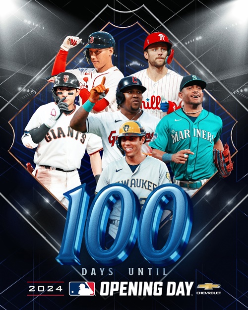 米メジャーリーグ（ＭＬＢ）が２０日（現地時間）、２０２４年のリーグ開幕まで残すところあと１００日を切り、ＭＬＢの代表選手６人が入ったポスターを公開した＝ＭＬＢ公式フェイスブック