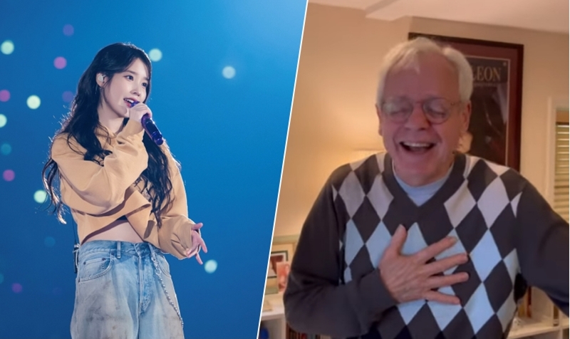 ＩＵ（左）、ＩＵからコンサートの招待を受けて喜ぶラテット氏＝ＩＵ公式フェイスブック、ＹｏｕＴｕｂｅチャンネル「Ｚｅｖ　Ｄｏｅｓ　ＫＤｒａｍａ」