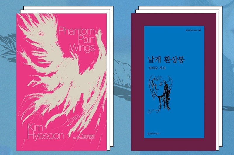 詩人キム・ヘスンの詩集「翼の幻想痛」の表紙。英語版（左）と韓国語版＝文学と知性社