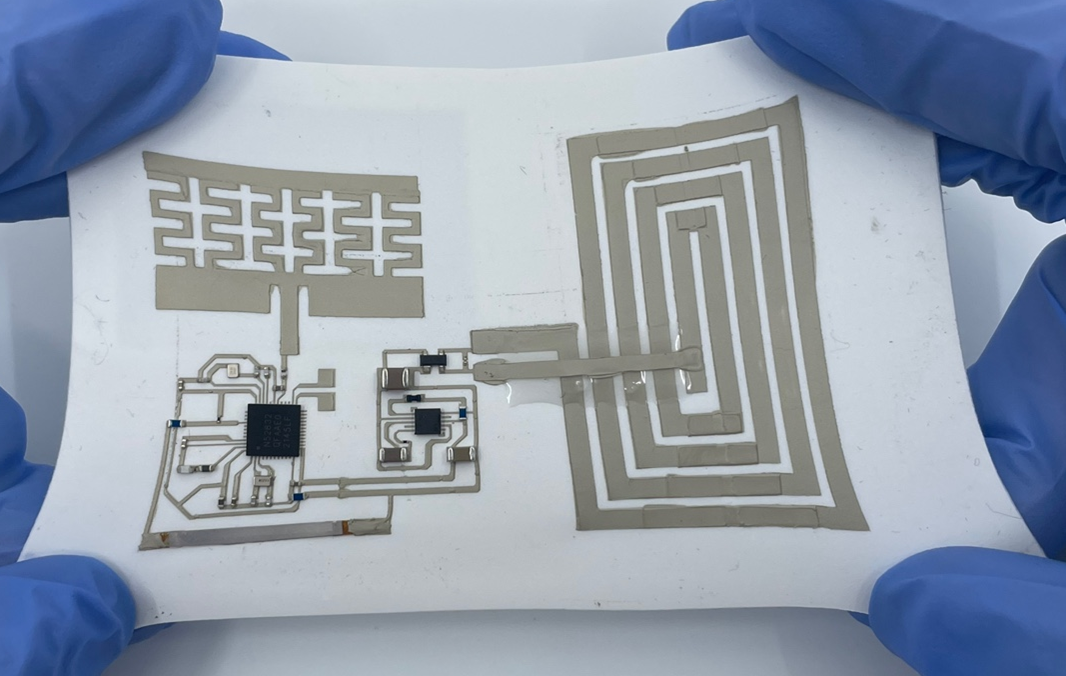 漢陽大学校の共同研究チームが開発した世界初のストレッチャブル基板。引っ張ったり伸ばしたりしても無線通信の性能を維持する=漢陽大学校のチョン・イェファン教授