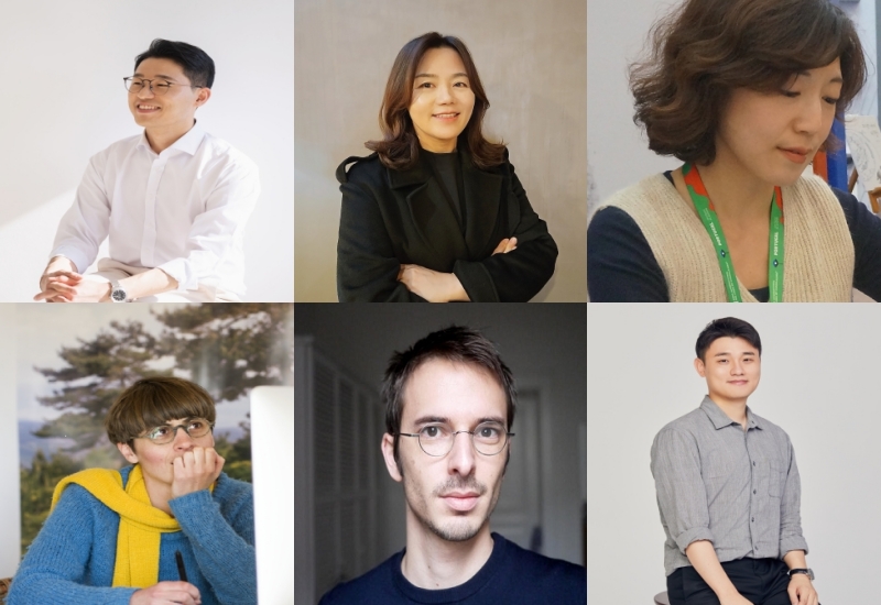 （左上から時計回りに）作家のキム・サングン、オ・セナ、イ・ソヨン、チョン・ジノ、Adrien Parlange、Marie Caudry＝文化体育観光部