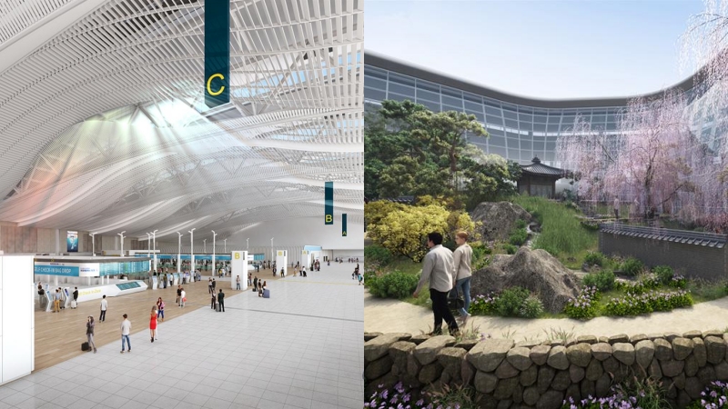 第４段階の建設事業が終わった後の仁川国際空港３階（左）と庭園の様子＝国土交通部