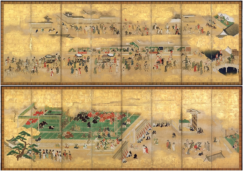 ユネスコ世界記憶遺産である狩野益信の「朝鮮通信使歓待図」。（上）１６５５年に江戸城に向かう第６次通信使行列の描写と国書伝達の場面。ソウル歴史博物館で、５月２５日まで展示される＝ソウル歴史博物館