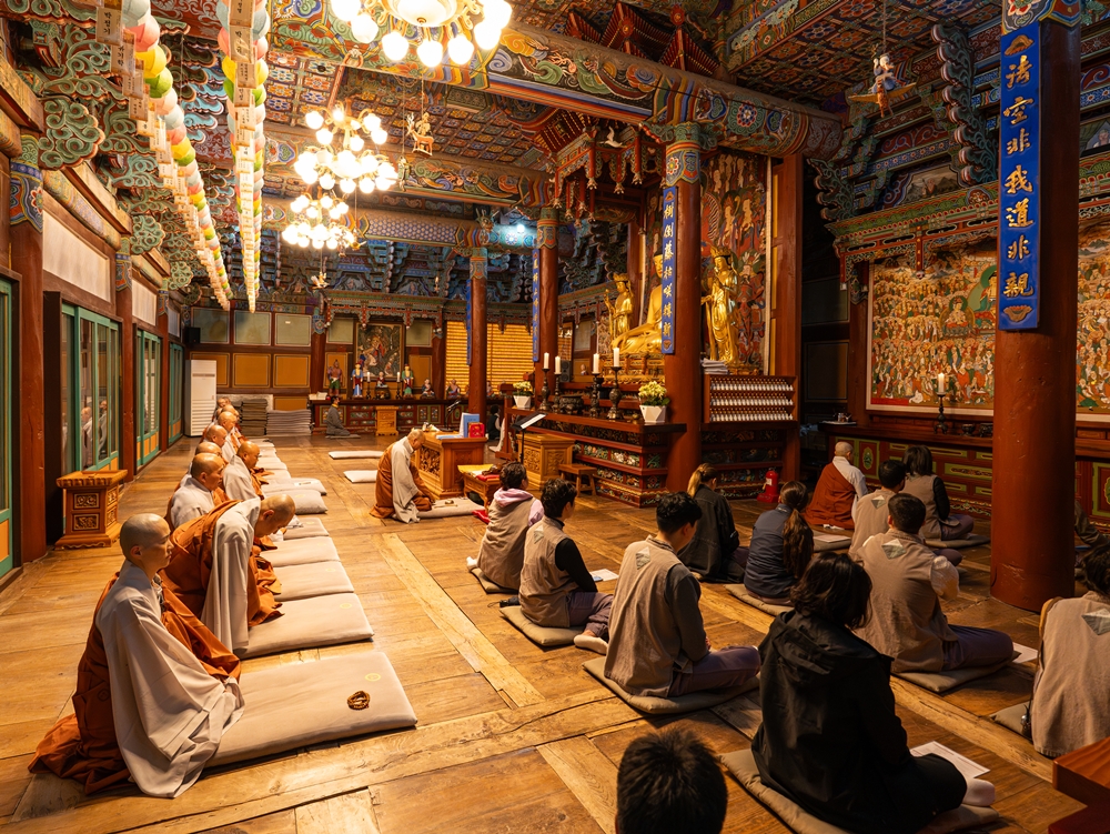 白羊寺の僧侶たちと、大雄殿で夜明けの礼仏を行う記者団の様子。