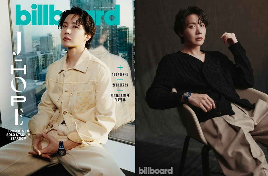 「ビルボードマガジン」が２０日に公開したＢＴＳのメンバー、J-HOPEの表紙（左）とインタビューの写真＝ビルボード  