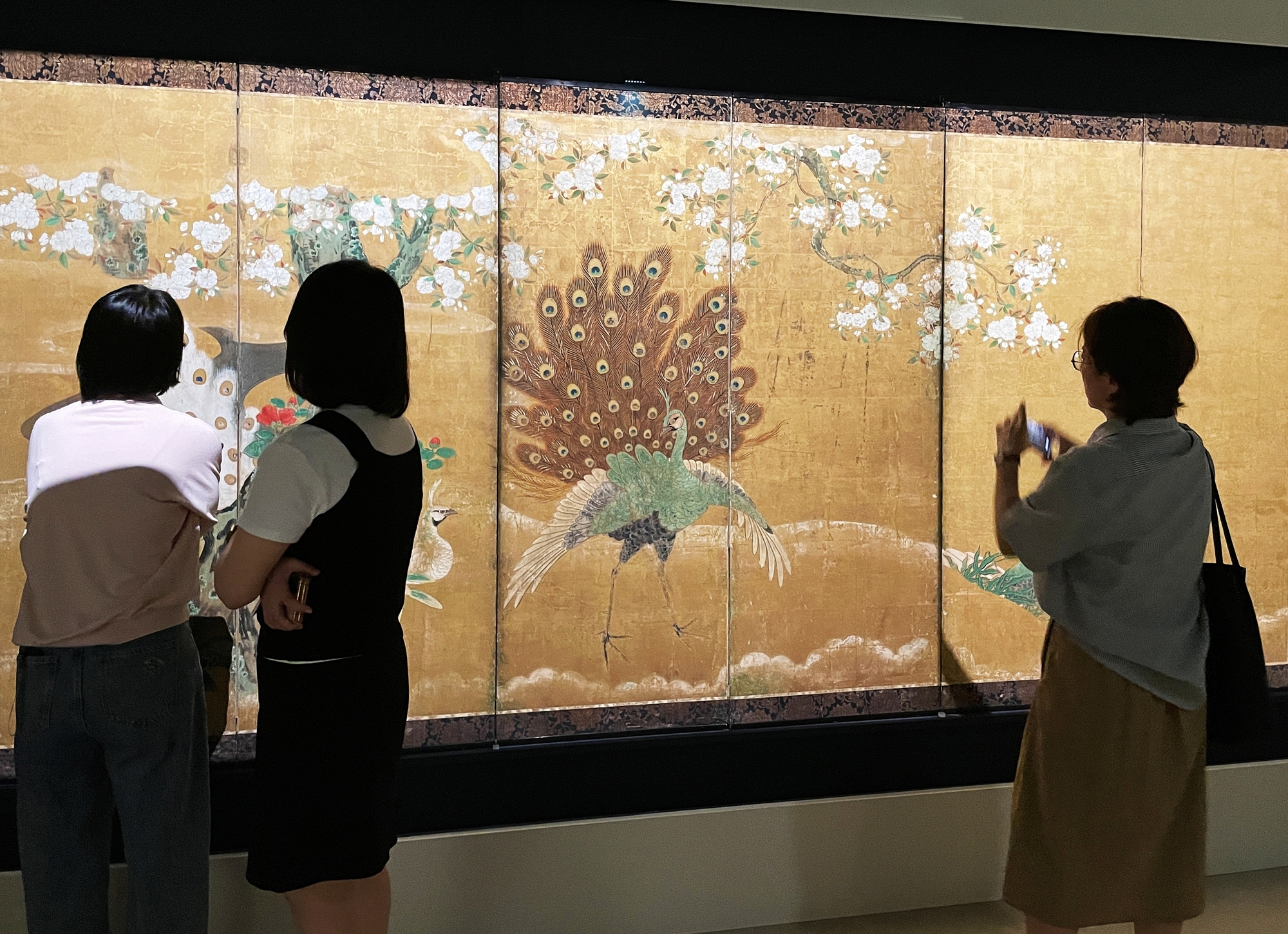 ６月１６日にソウル・龍山区の国立中央博物館で開かれた韓日国交正常化６０周年記念特別展「日本美術のとびら―四つのまなざし」メディア公開会で参加者たちが鳳凰と孔雀の描かれた屏風を見ている。
