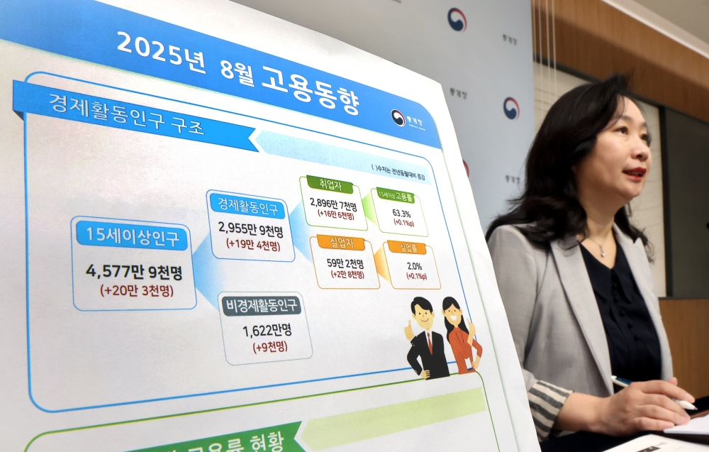 ８月の雇用動向を発表する統計庁のコン・ミスク社会統計局長＝１０日、世宗市、聯合ニュース
