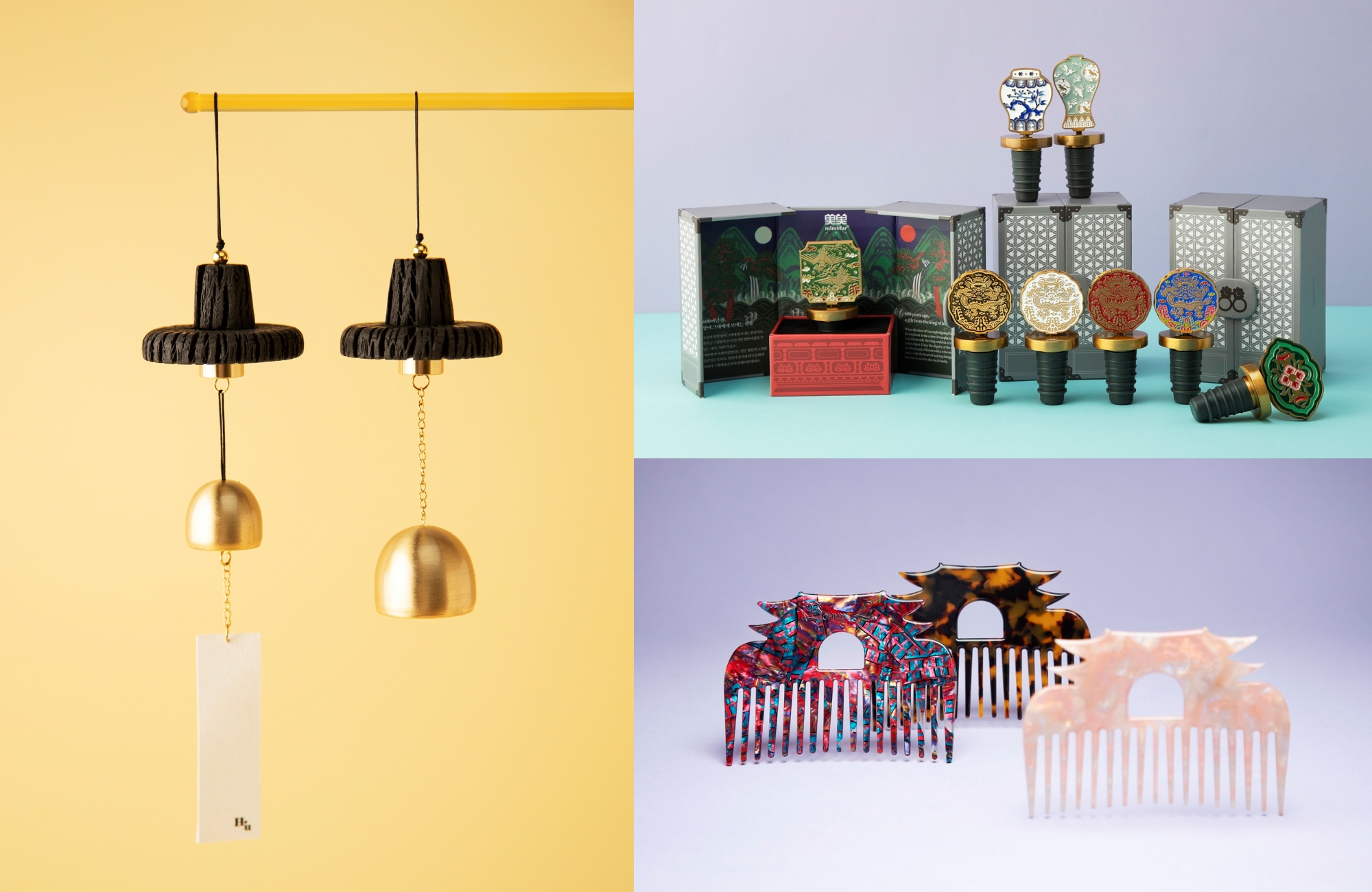 「２０２５大韓民国観光公募展」受賞作品。（左から時計回りに）文化体育観光部長官賞（銀賞）「頼もう 黒笠型風鈴」、大統領賞（大賞）「朝鮮王室風ワインストッパー」、現代百貨店社長賞（特別賞）「宮殿型櫛」＝韓国観光公社