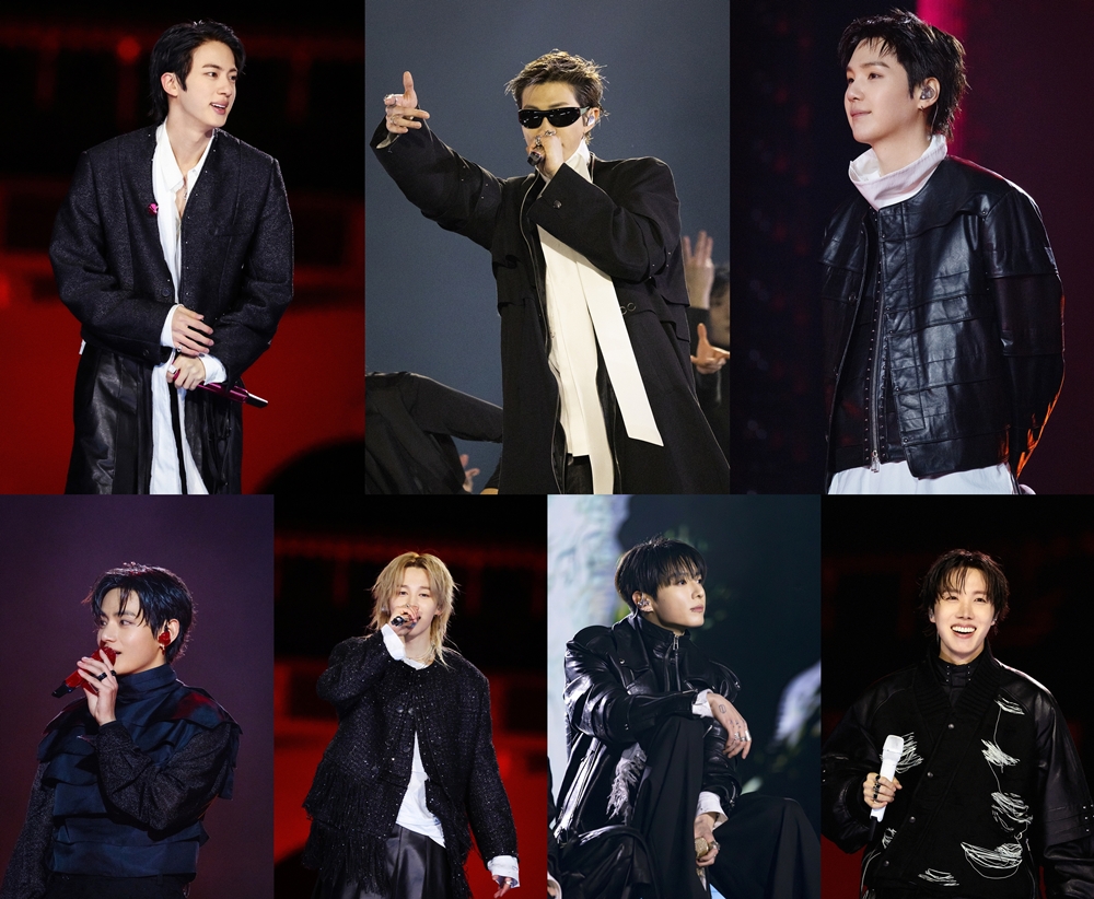 「ＢＴＳカムバックライブ：ＡＲＩＲＡＮＧ」でのメンバーの様子。（左上から時計回りに） ＪＩＮ、ＲＭ、ＳＵＧＡ、Ｊ－ＨＯＰＥ、ＪＵＮＧＫＯＯＫ、ＪＩＭＩＮ、Ｖ＝２１日、ソウル、ビックヒットミュージック／ネットフリックス