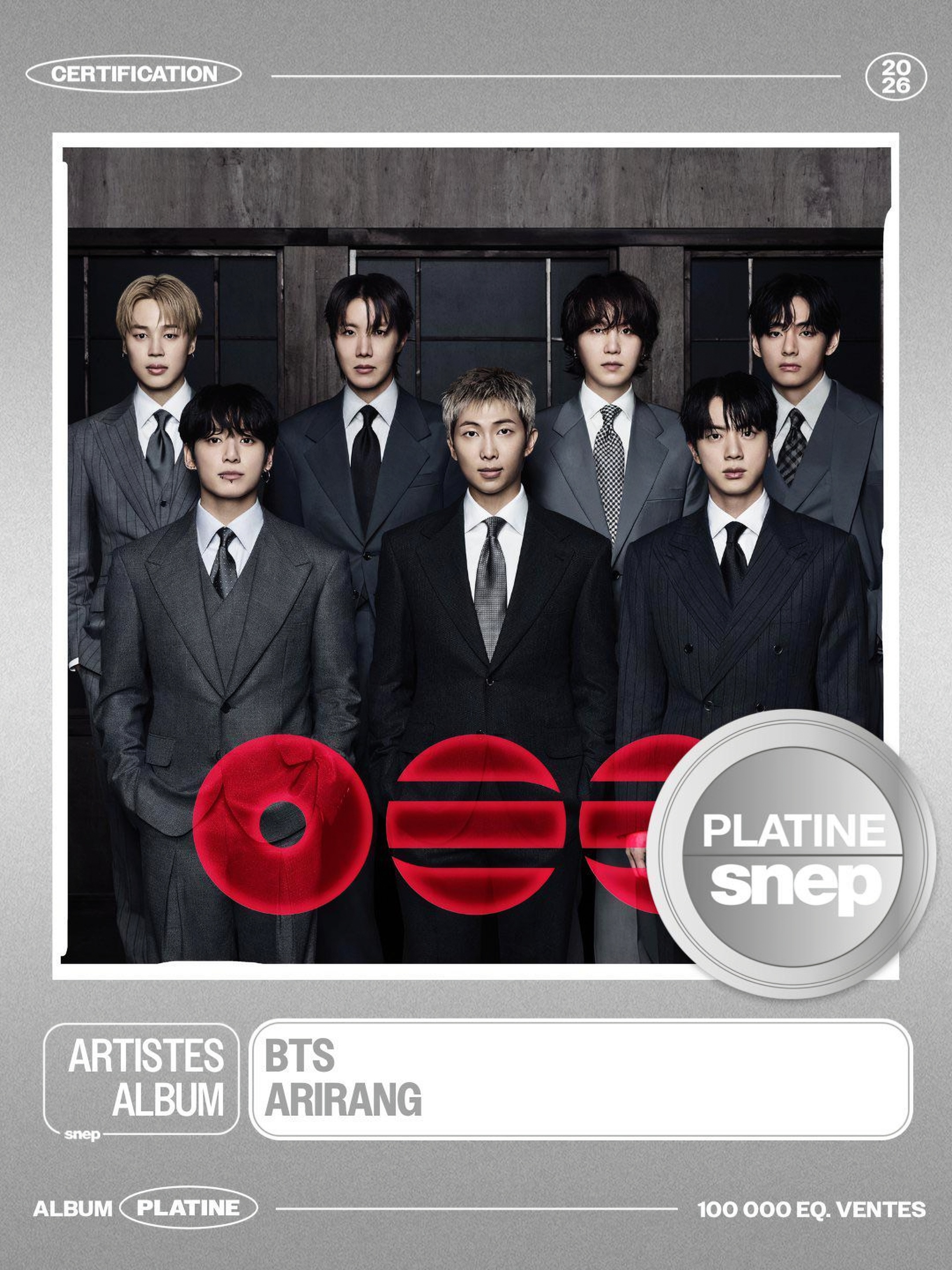 ＢＴＳの「アリラン」がフランスレコード協会のアルバム部門でプラチナ認定を受けた＝フランスレコード協会