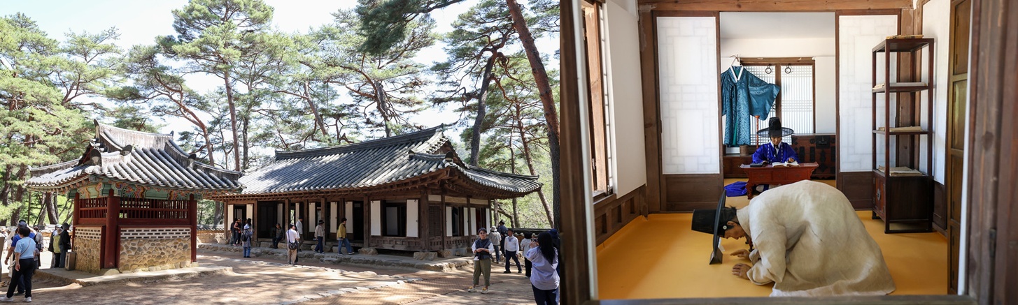 端宗が滞在していた「御所」の母屋と、女官や官奴が生活していたヘンランチェ（使用人の居住空間）の様子（左）。蠟人形によって当時の様子も再現されている（右）＝寧越群、イ・ジョンウ