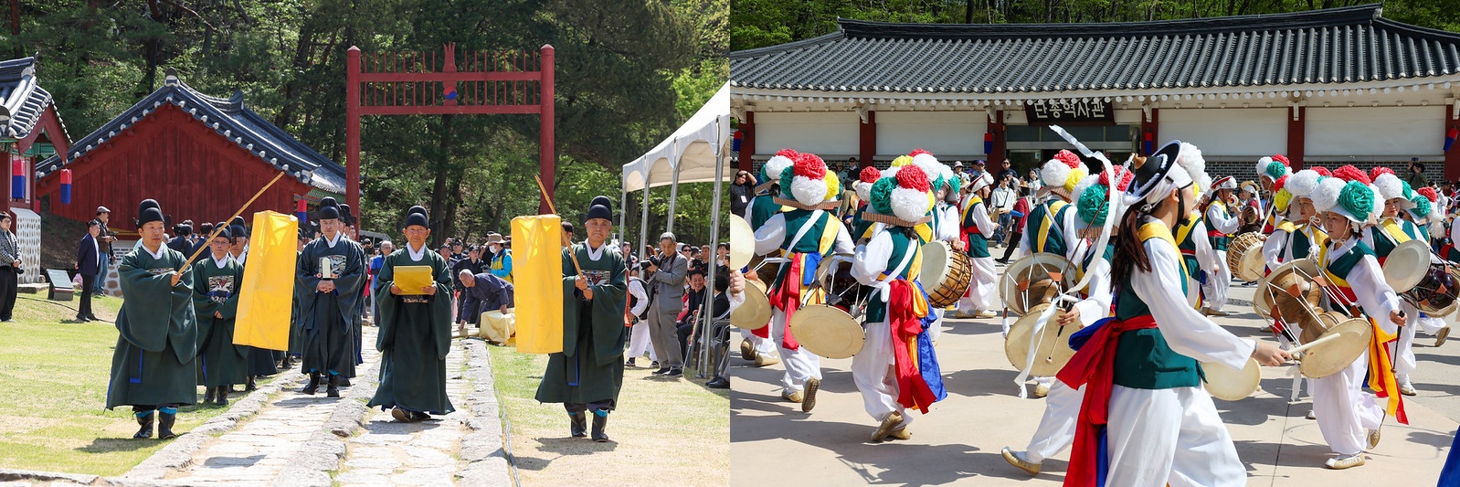 荘陵で執り行われた「端宗祭礼」の様子。毎年４月末には、端宗と忠臣たちを慰霊する「端宗文化祭」が開催される。２００７年からは、朝鮮国王のうち唯一国葬が行われなかった端宗を偲び、「朝鮮王朝国葬」の再現行事が開催されている＝先月２５日、寧越群、イ・ジョンウ
