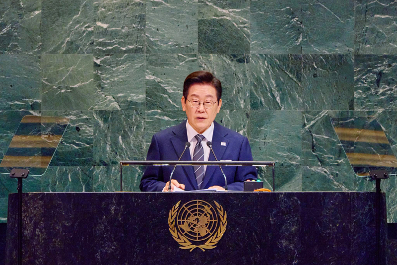 国連本部総会で基調演説を行った李大統領＝昨年9月23日（現地時間）、米ニューヨーク、韓国大統領室