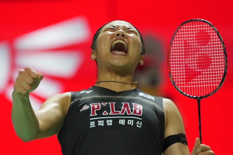 インドネシアオープン女子シングルス決勝で優勝を決たアン・セヨン＝ ７日（現地時間）インドネシア・ジャカルタ、聯合ニュース