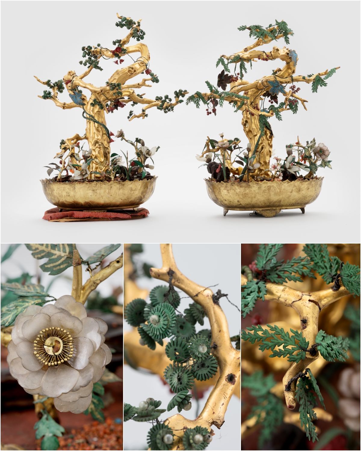 「盤花」原本の細部。（下段左から）富貴と吉祥を象徴する牡丹、長寿を意味する松とコノテガシワ＝国家遺産庁 