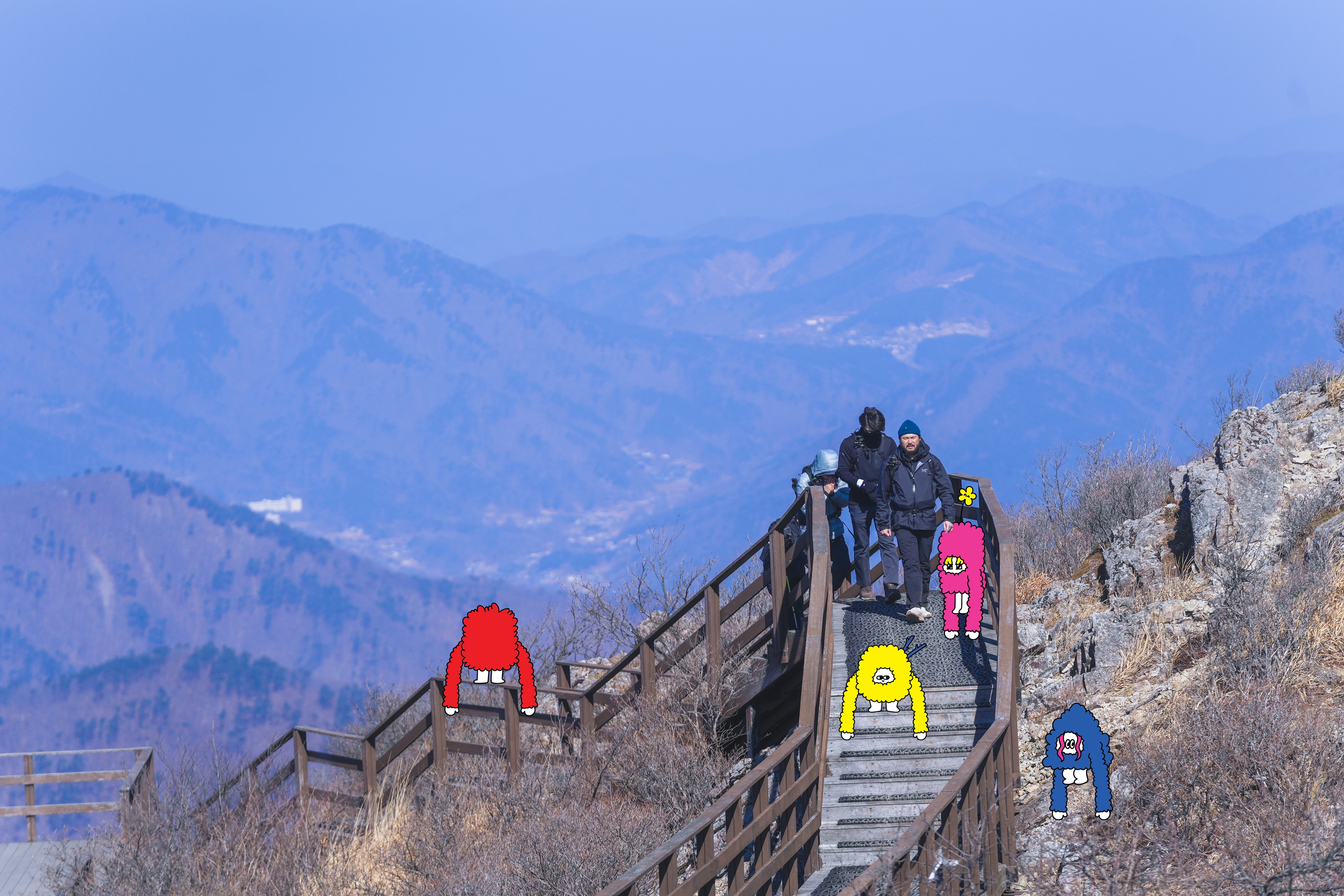 登山道を登る出演者たちの様子