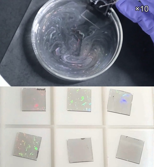 数百ナノメートルの粒子が水面上で自発的に集まり、ナノパターンを形成する過程（上）、こうして作られた様々なナノパターンの試料（下）