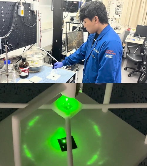 緑色レーザーを利用してナノ指紋の回折模様を確認する様子（上）。緑色レーザーを当てた際に現れる固有の回折模様（下）