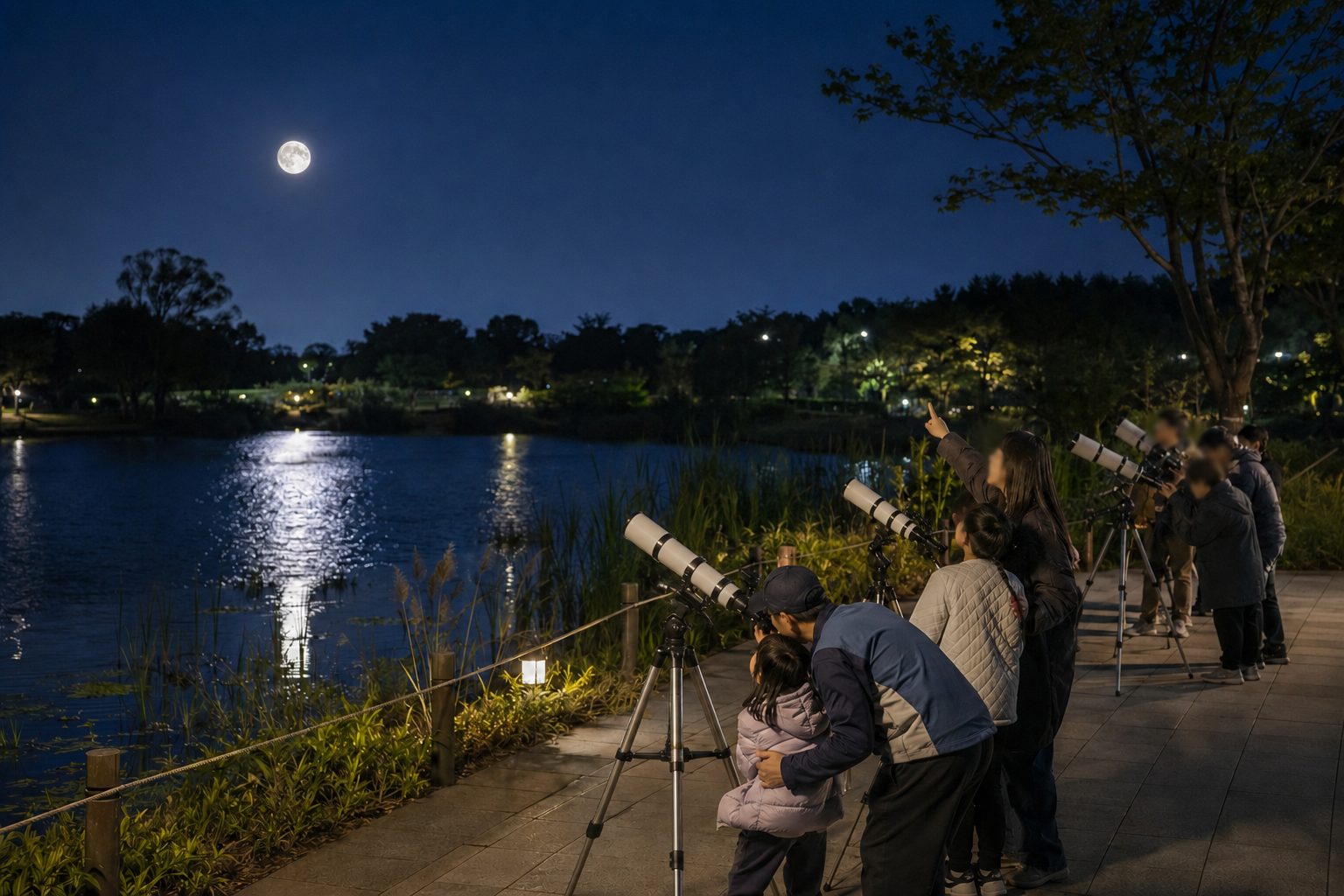 ワールドカップ公園で開催された「蘭芝池に浮かぶ満月」プログラムで、市民が天体望遠鏡で月を観測する様子＝ソウル