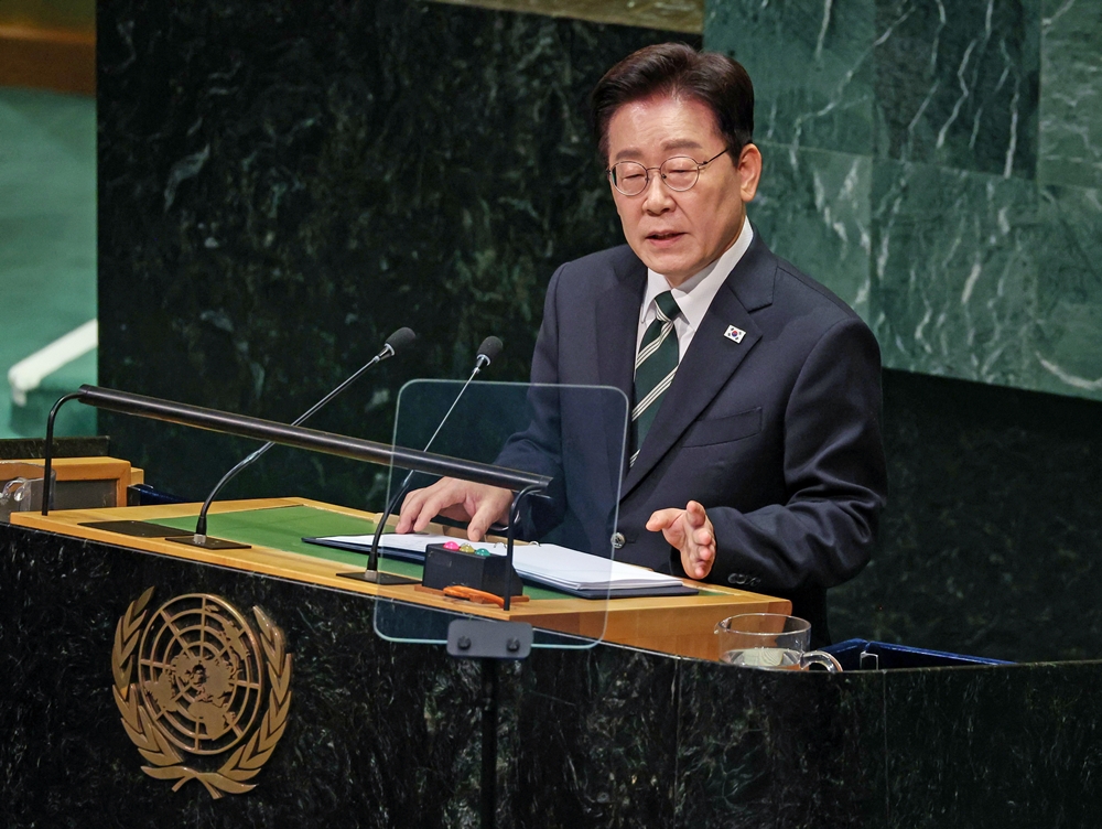 国連本部で基調演説を行う李在明大統領＝２２日（現地時間）、ニューヨーク、聯合ニュース