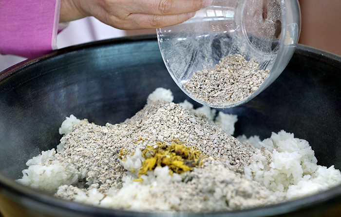蒸した強飯に乾いた菊と麹の粉末を入れて混ぜる
