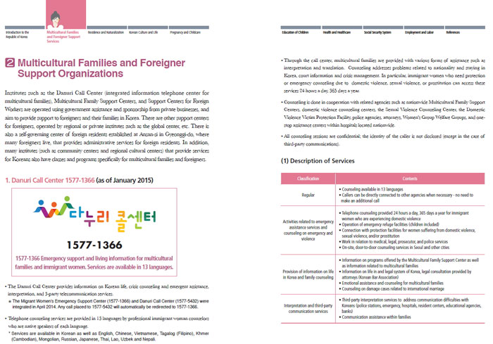 ‘2015 한국생활 가이드북’에 소개된 다문화가족 지원정책과 관련기관 안내