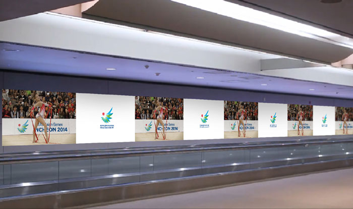 인천공항 출입국장에 설치된 영상홍보매체 미디어월. 인천아시안게임 홍보대사 손연재 선수를 모델로 했다. (인천아시안게임 조직위 제공)