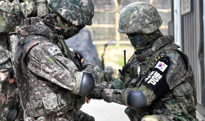 地雷撤去作業を行う韓国陸軍兵士ら＝２日、ＤＭＺ