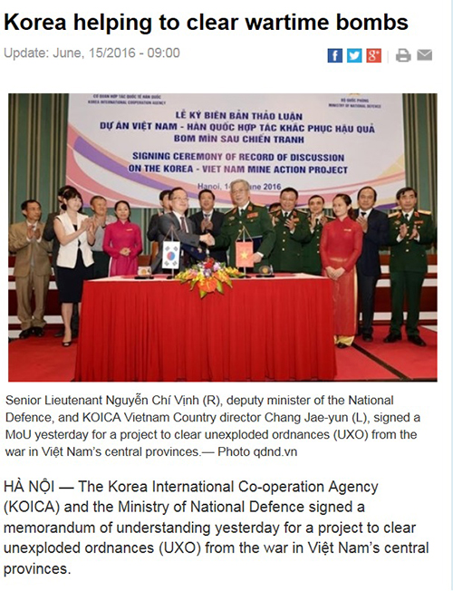 韓国とベトナムはベトナム戦争当時の不発弾と地雷を除去するための共同事業に着手することにした。写真は両国の協約締結を報じた15日付のベトナムニュースネット版