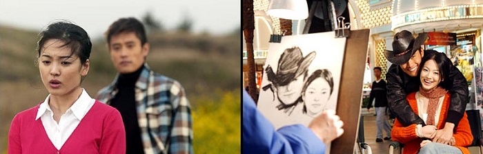 『オールイン』のワンシーン。済州島のソプチコジで撮影されたイナとスヨンの別れのシーン(左)とアメリカで再開した2人(右)