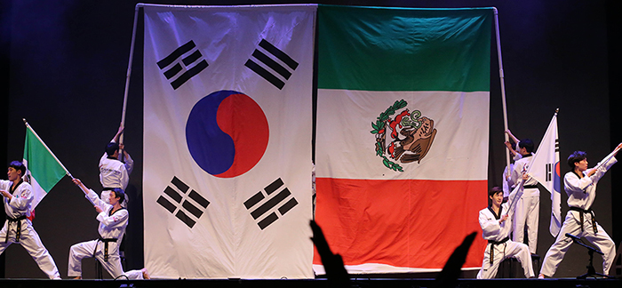 3日にメキシコシティのメトロポリタン劇場で行われた「韓・メキシコ文化交流公演」で、国技院の演武団が両国の国旗を揚げながら舞台の最後を飾る場面
