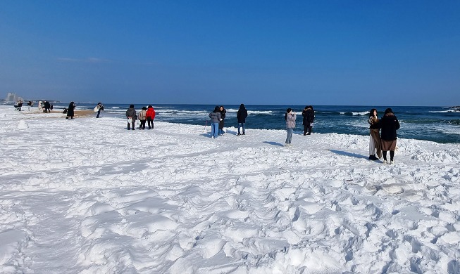 雪積もる海辺