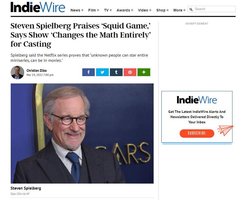 「スティーヴン・スピルバーグ：イカゲームがキャスティング計算法をすっかり変えた」記事＝IndieWire