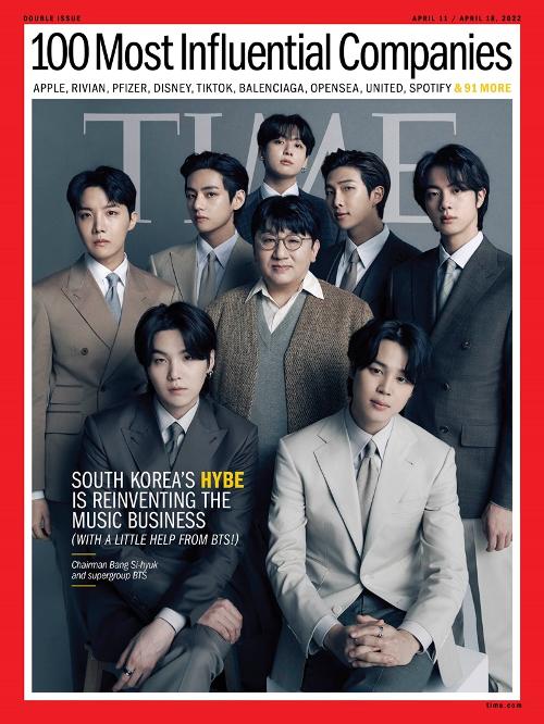 ▲ 미국 시사주간지 타임지는 30일(현지 시간) 그룹 방탄소년단(BTS)의 소속사 하이브를 올해 가장 영향력 있는 100대 기업 명단에 올리며 BTS와 방시혁 하이브 이사회 의장을 표지 모델로 선정했다. 