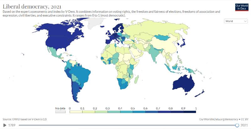 世界の自由民主主義指数地図＝Our World in Dataホームページ