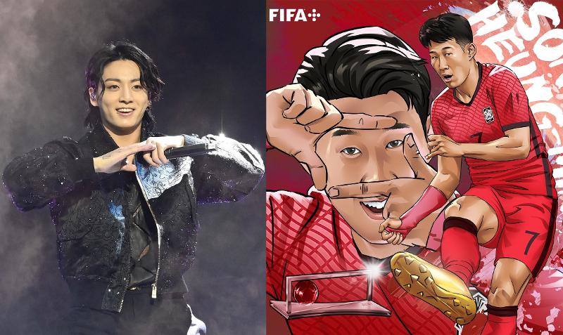 BTSのメンバー、ジョングク（左）、国際サッカー連盟（ＦＩＦＡ）が制作したソン・フンミンのポスター＝ＦＩＦＡ