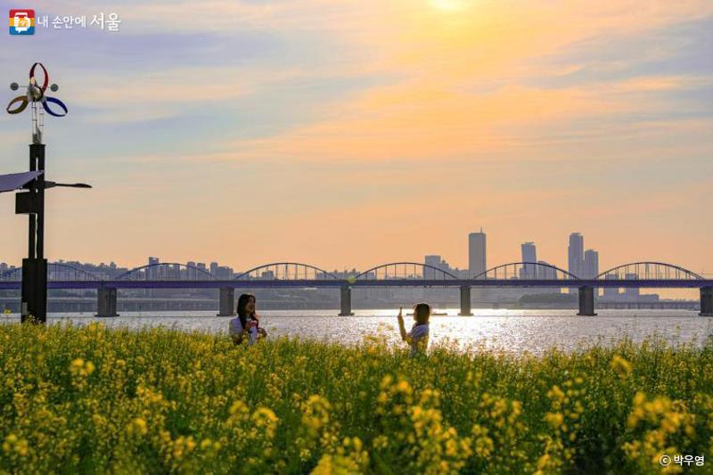 漢江を背景に写真撮影をする市民たち＝８日、ソウル、ソウル市民記者キム・ジュヨン